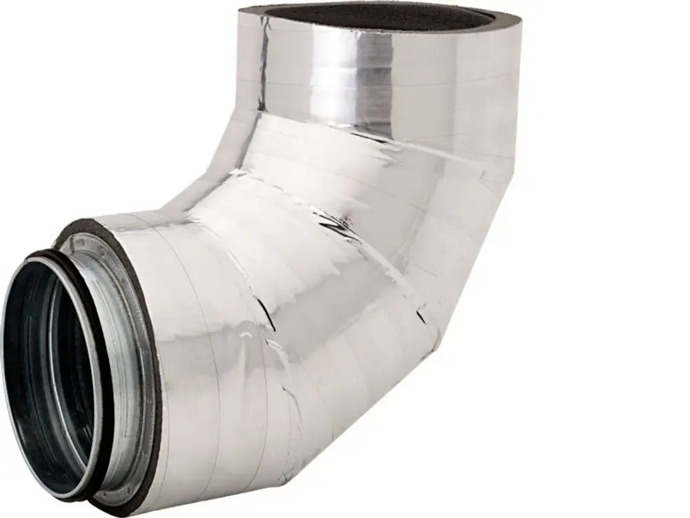 Produktbild: STIEBEL ELTRON Rohrsystem gedämmt LWF DRB 160-90, Rohrbogen gedämmt 90Grad, 236911. Silberfarbener, isolierter Rohrbogen.